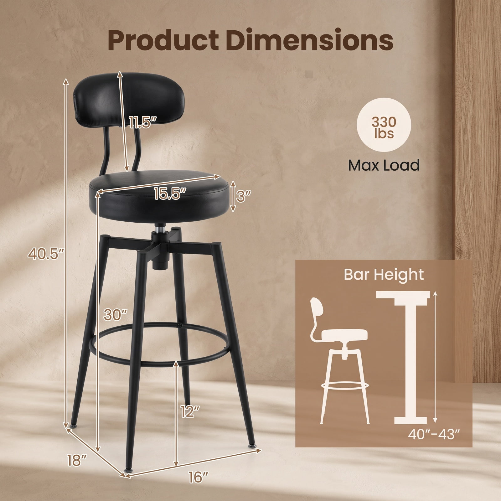 Furnibear Set of 2 Swivel Barstools Faux Leather with Upholstered Seat and Back for Kitchen Island Counter Bar Pub Dining Home, Black