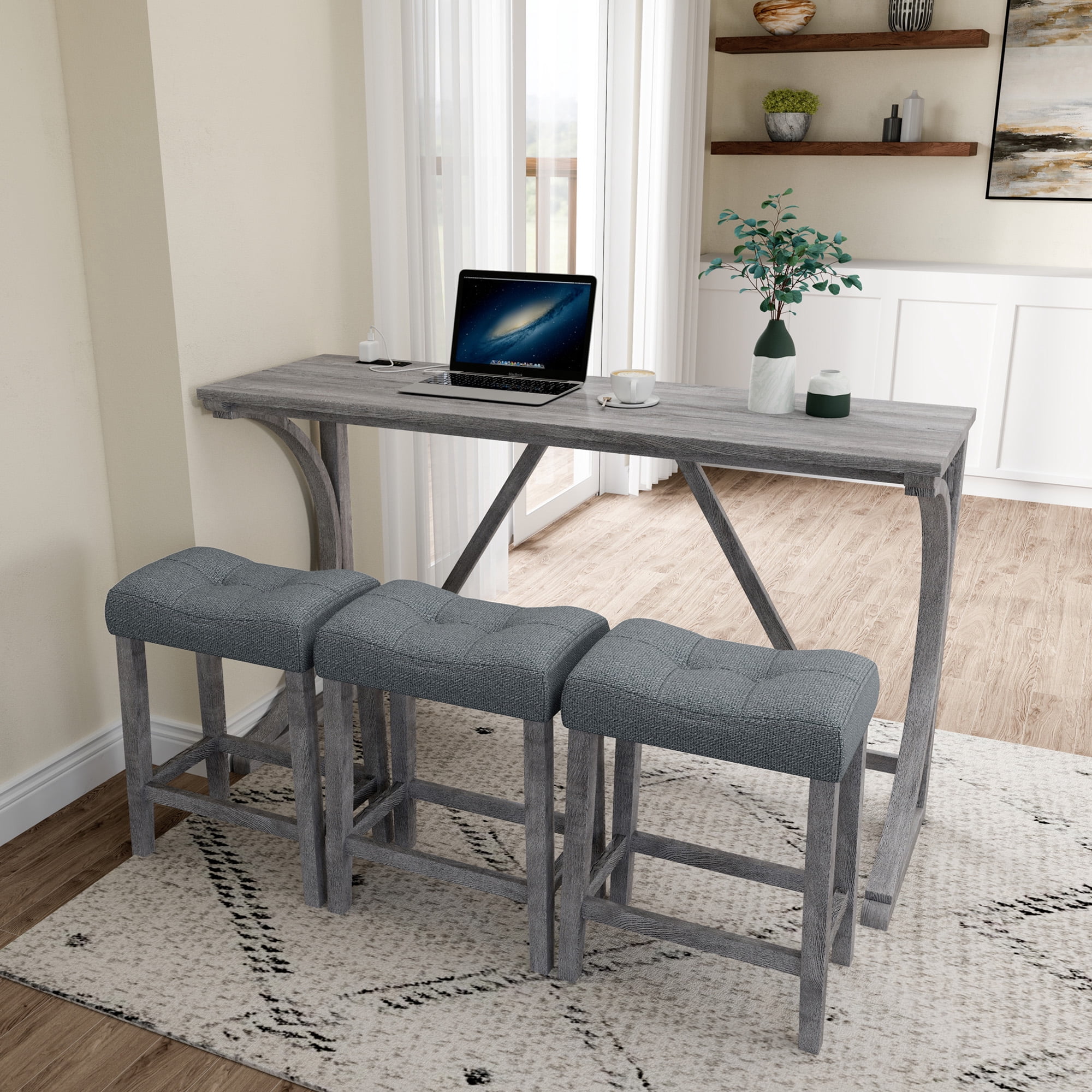 Yoneston Bar Table Stool Set with Power Outlet, 4 Piece Dining Table with Chairs Set, Industrial Breakfast Table Set for Living Room, Dining Room, Game Room, Gray