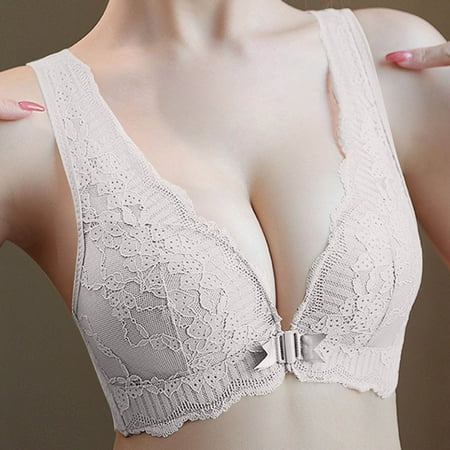Fznquz Comfortable Womens Bra Plus Size No Wire Lace Front Closure Bralettes Beige Ladies Everyday Bras