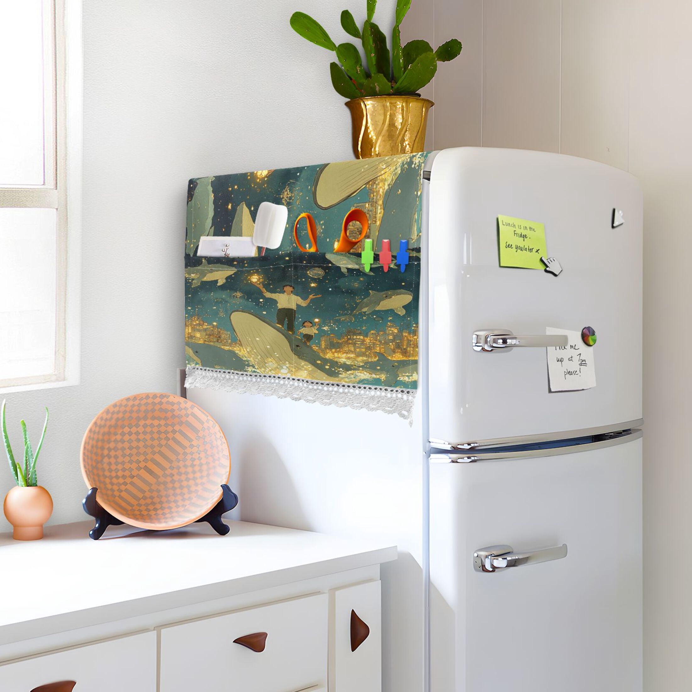 A Sea Full Of Golden StarsWasher and Dryer Covers Dust-Proof and Oil Resistant Fridge Cover with 4 Storage Pockets Washing Machine Top Cover for Laundry Kitchen Home 51.2 x 22 In