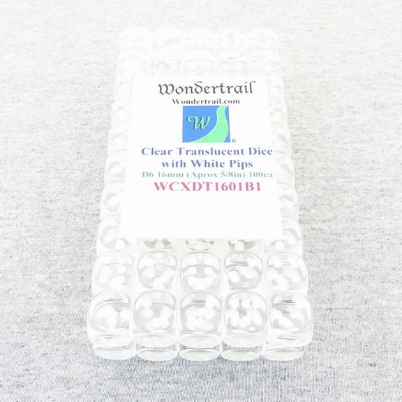 Clear Translucent Dice with White Pips D6 16mm (5/8in) Pack Of 100 Wondertrail