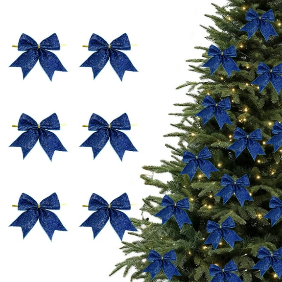 Luxcidy 6pcs Mini Christmas Tree Bows 6 cm Ribbon Bows Ornaments for Christmas Tree Hanging Decoration, Mini Bow Gift Wrapping Ribbons, for Crafts, Tree Decor & Gifts(Blue)