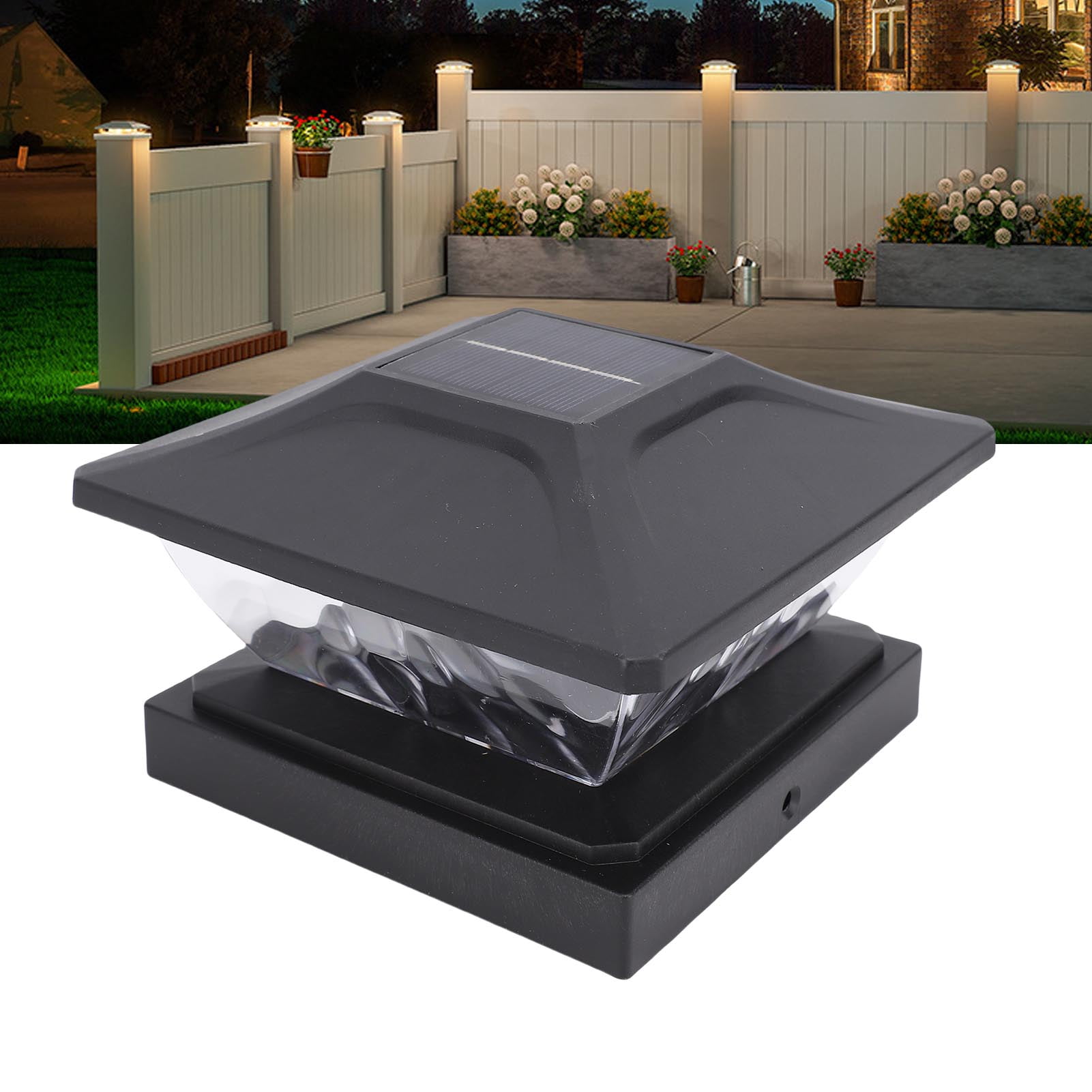 YAHHU 2 Pack Solar Post Light LED Warm and White Lighting Weather Proof Solar Powered Deck Fence Post Cap Light for Patio Porch Outdoor Landscape Illumination, Black (6.3 in / 16 cm)