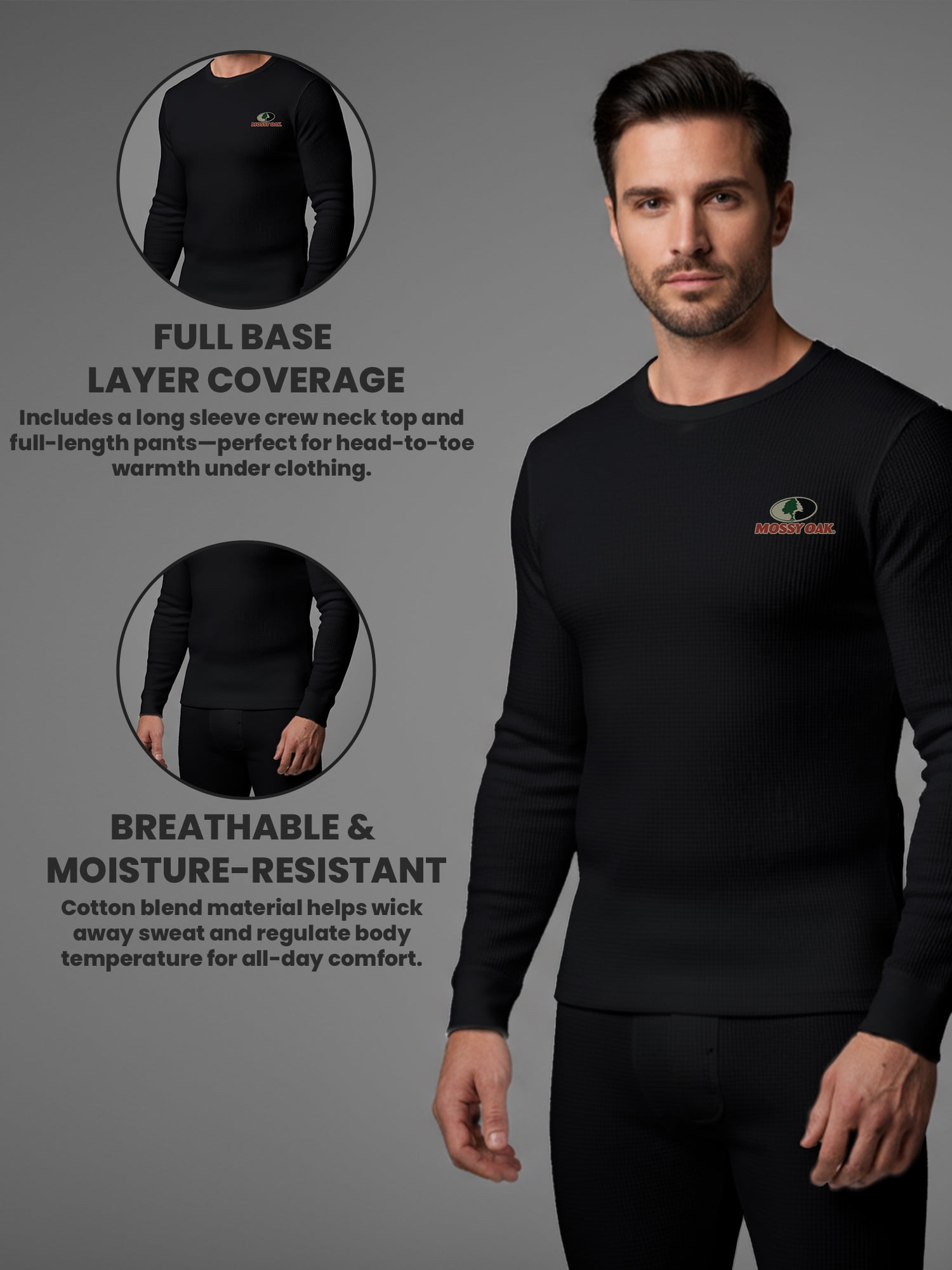 Mossy Oak Mens Thermal Underwear Set Insulated Shirt & Long Johns, Black 2X