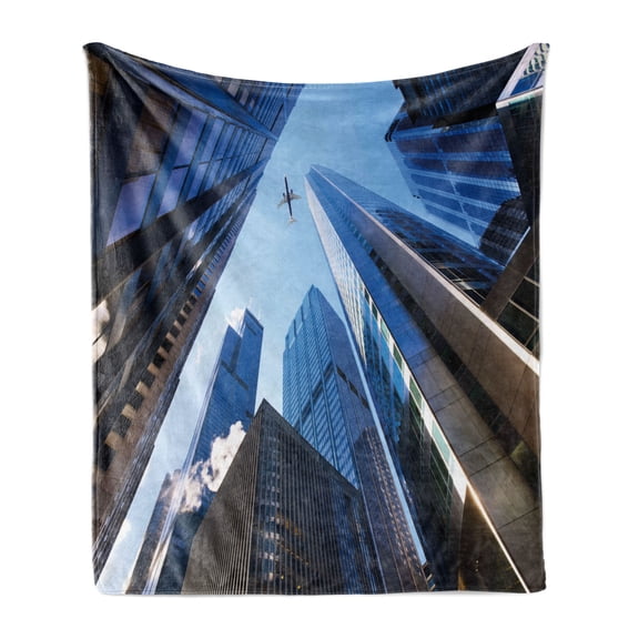 Urban Soft Flannel Fleece Throw Blanket, Looking up at Chicago's Skyscrapers in Financial District American City Picture, Cozy Plush for Indoor and Outdoor Use, 70" x 90", Blue Grey, by Ambesonne