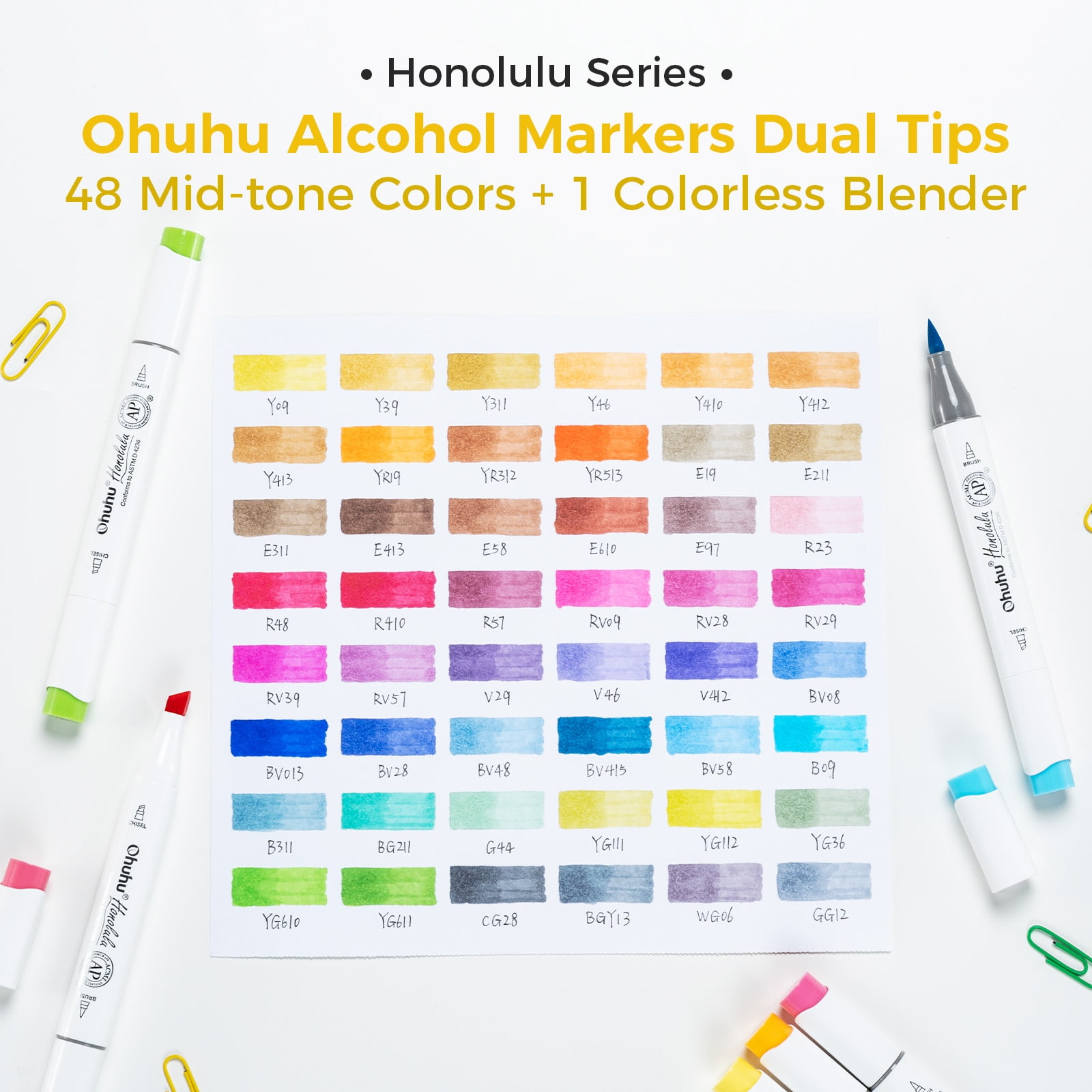 Ohuhu 48 Mid-Tone Colors Dual Tips Brush-and-Chisel Alcohol-Based Art Markers Set-Unique Packaging