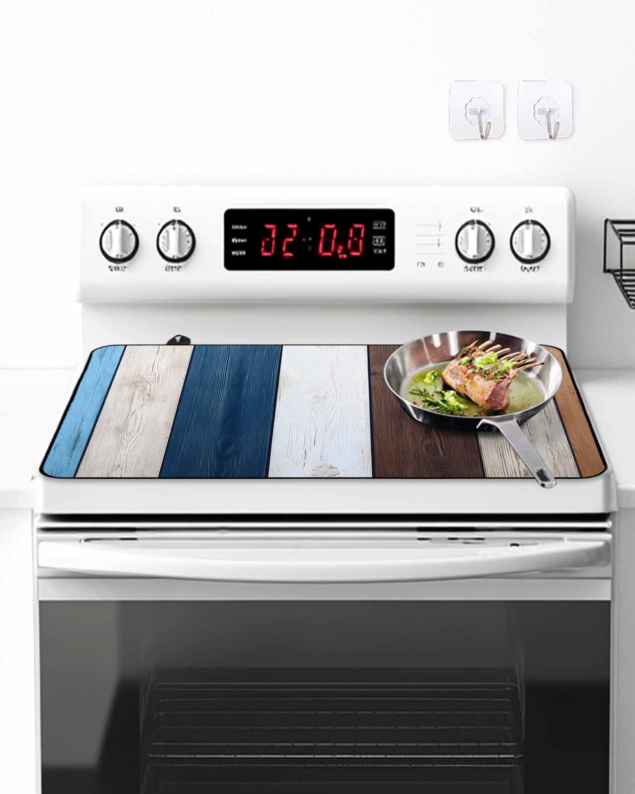 Stove Top Covers for Electric Stove, Blue Brown Farmhouse Glass Stovetop Cover Protector, Vintage Retro Wooden Induction Cooktop Protector Oven Mat for Kitchen Countertop 24"x21"