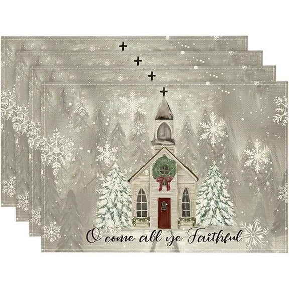 Church Xmas Trees Snowflakes Merry Christmas Placemats Set of 4, 12x18 Inch Winter Table Mats for Party Kitchen Dining Decoration