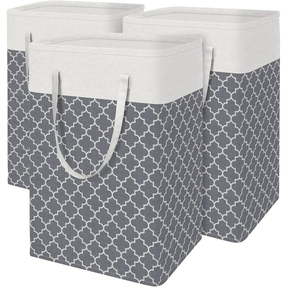 3-Pack Laundry Basket, Freestanding＆Waterproof Laundry Hamper, Collapsible Tall Clothes Hamper with Easy Carry Handles for Clothes, Towels in the Family and Dorm,Clover Grey,88L