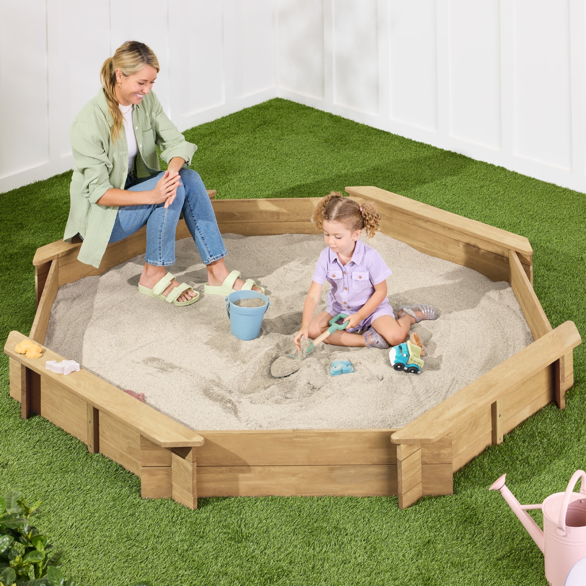 Children's Octagonal Wooden Sandbox, 8 Seats, Cover, Open Bottom