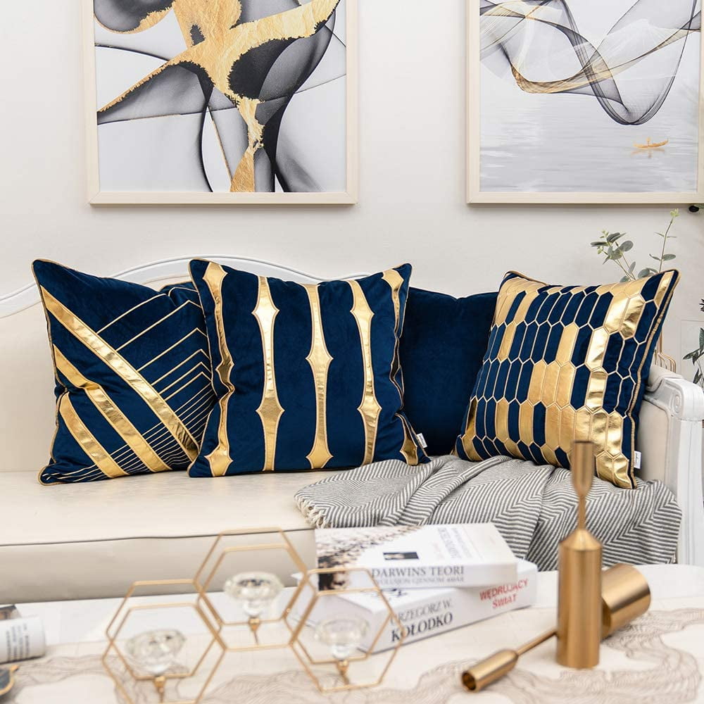 Light Blue and Gold Leather Velvet Throw Pillow Cover Striped