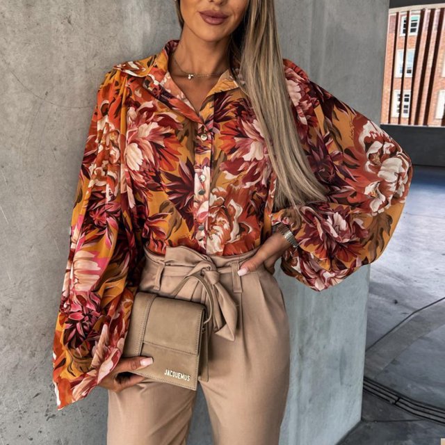 Blusas De Verano Blusas informales para mujer, camisa holgada con estampado floral, atuendo diario (naranja XXL) Cgtredaw Para estrenar
