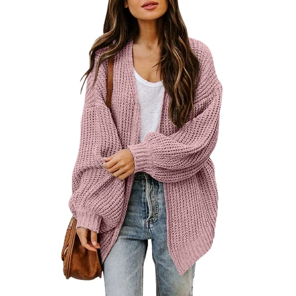 Women's Open Front Sweater,Lantern Sleeve Cardigan ,Lightweight Knit Cardigan Coat,Long Sleeve Loose Outwear Sweater Pink S