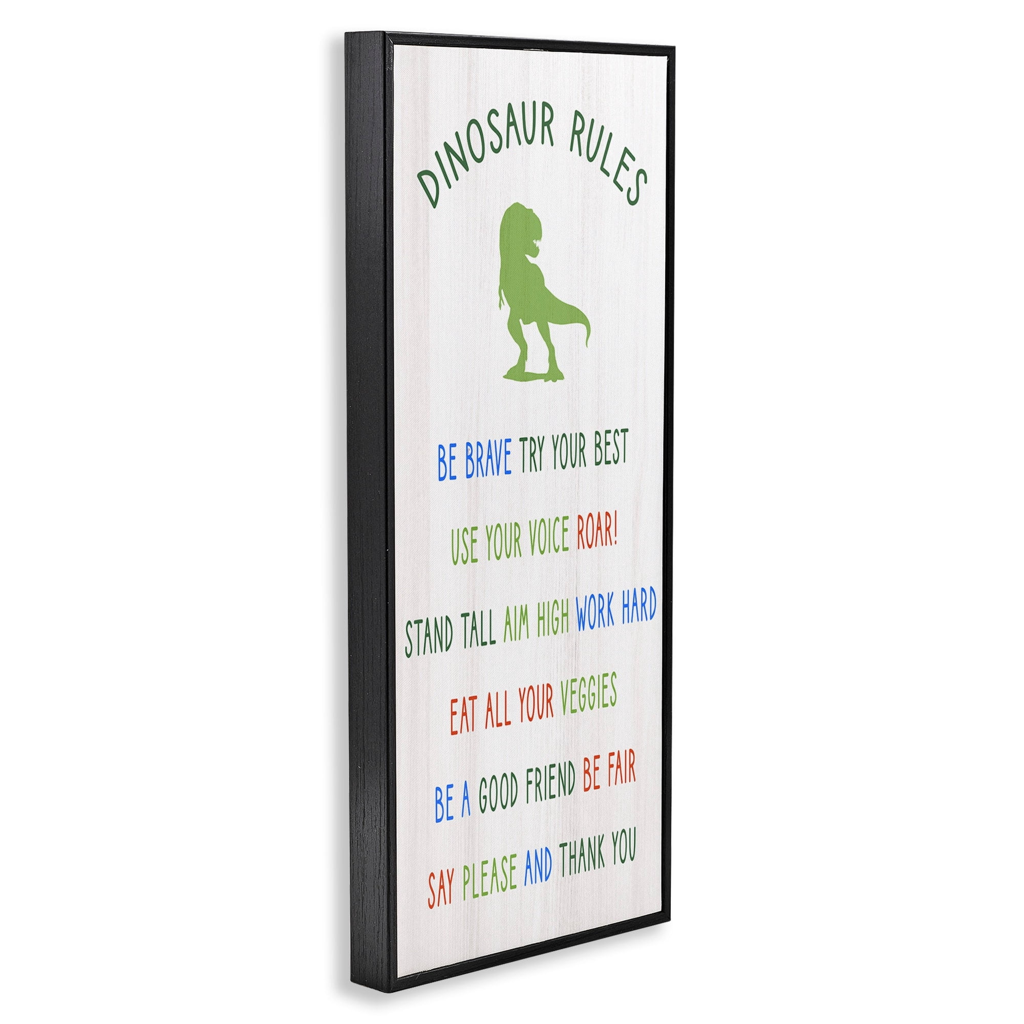 Stupell Industries Dinosaur Rules Listed Kids T-Rex Green Reptile Kids Painting Black Framed Art Print Wall Art, 10 x 24, Design by Daphne Polselli