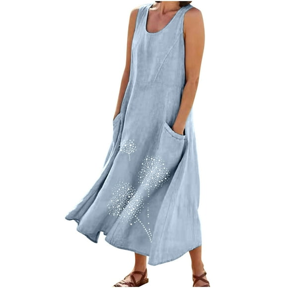 bbymog Women Dresses Summer Maxi Dresses for Women Plus Size Crew Neck Sundresses with Povket Vacation Beach Dresses for Women Blue G XXXXXL