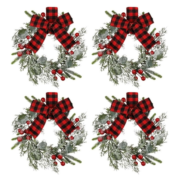 4 Pack 9" Mini Christmas Wreath Mini Cabinet Wreaths for Kitchen Christmas Red Berry with Red and Black Plaid Bow Farmhouse Wreath for Holiday Xmas Party Decorations(Buffalo Plaid Bow)