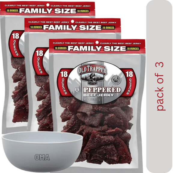 Old Trapper Peppered Beef Jerky, 3 Pack, 18 oz with bowl by OMA