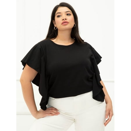 ELOQUII Elements Women's Plus Size T-Shirt with Flutter Sleeves