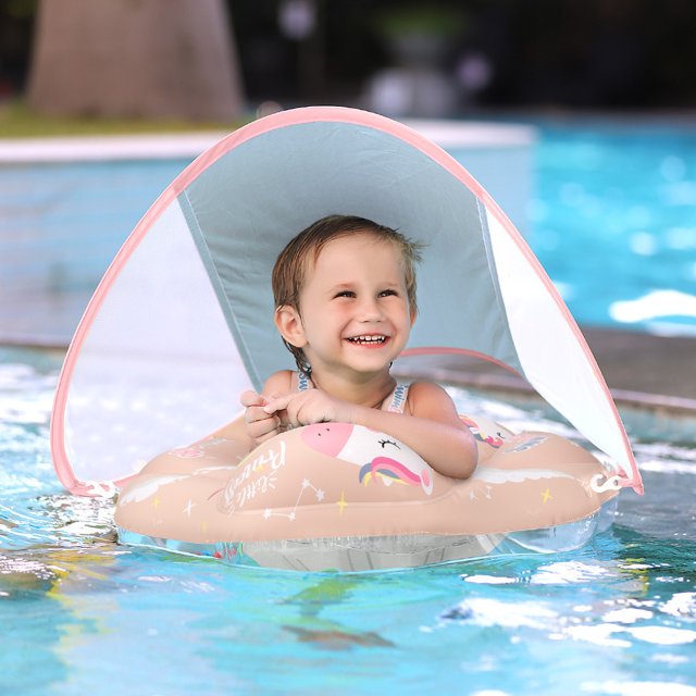 Anillo de natación para bebé con techo solar, ayuda inflable para natación para bebé, Compr
