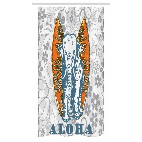 Elephant Stall Shower Curtain, Surfboards and Elephant Floral Backdrop Aloha Athlete Sports, Fabric Bathroom Set with Hooks, 36W X 72L Inches Long, Slate Blue Pale Grey Orange, by Ambesonne