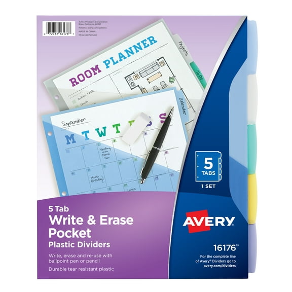 Avery Write & Erase Durable Plastic Dividers w/Pockets, 5-tab, Multicolor