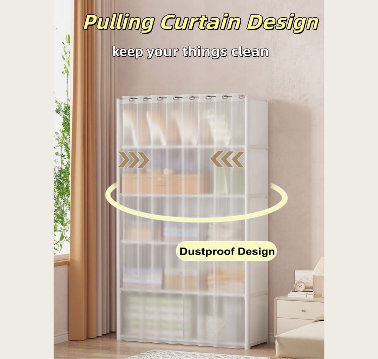 Howcool 61''H Dustproof 5-Tier Simple Closet Cabinet with Plastic Curtain, 10-Cubby Storage Rack, Shelf Organizer Unit