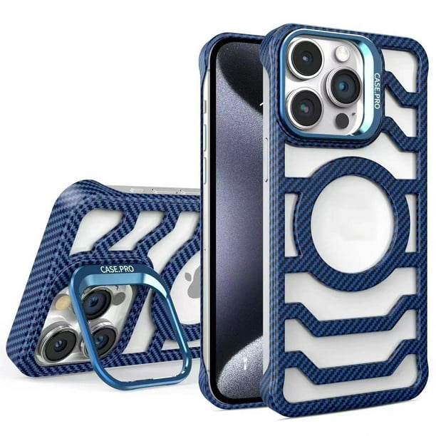 Funda de fibra de carbono con marco abierto para iPhone, con flujo de aire mejorado y imán. Geupday - Funda de fibra de carbono para iPhone 12, 13, 14, 15, 57 Plus, Pro Max, sin marco, magnética,
