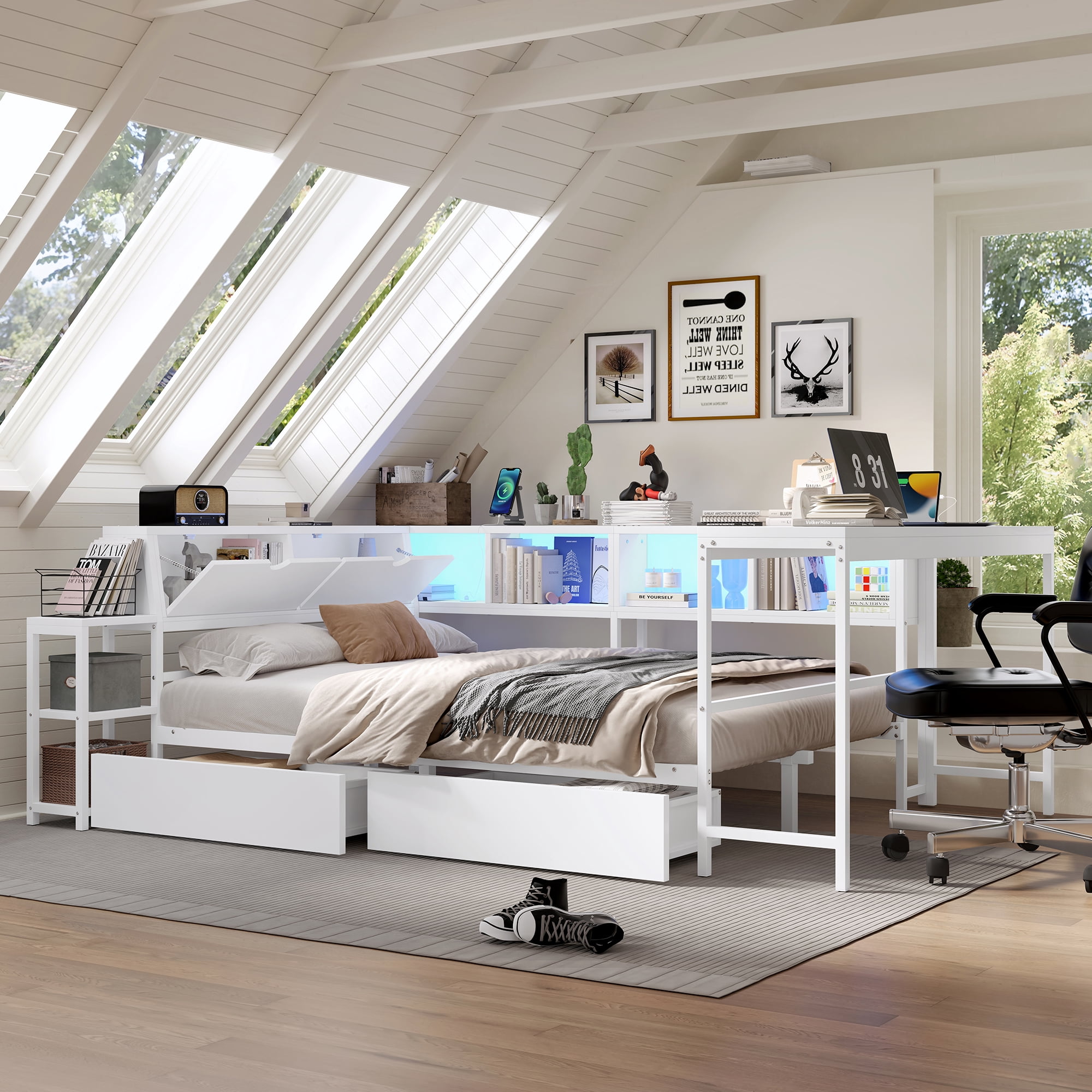 Corner Bed Frame Full Size with Bookcase and 2 Underbed Storage Drawers, Modern Bed with LED Light and Charging Station, Left and right interchangeable, White