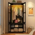thumbnail image 5 of 2 Glass Doors Armoire Wardrobe Closet with 2 Storage Cabinets & LED Sensor Light, 71" H Wooden Clothes Closet Wardrobe with Hanging Rod for Bedroom, 5 of 8