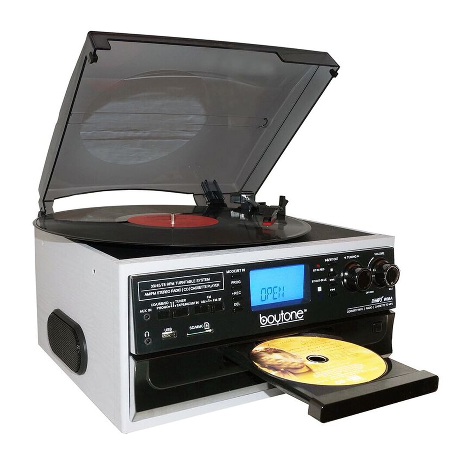 Boytone BT IN & OUT Classic Style Record Player Turntable with AM/FM Radio,  Cassette Player, CD Player, 2 Separate Stereo Speakers, Record Vinyl, 