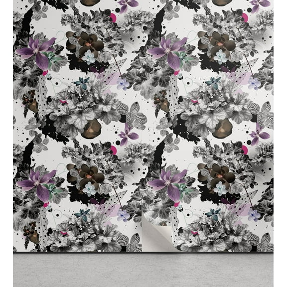 Ambesonne Floral Peel & Stick Wallpaper for Home, Magnolia Flowers Dots Leaves, 13"x72", Grey Brown and Pale Purple