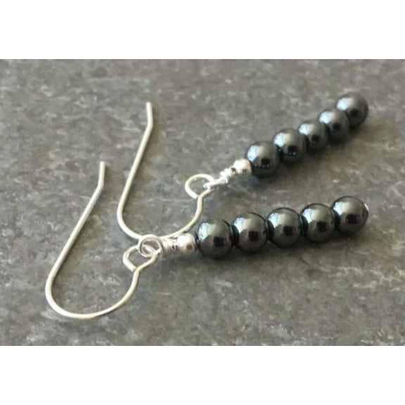 K-KED 6 mm Grey Hematite round gemstone beads & Silver Drop Earrings Gift