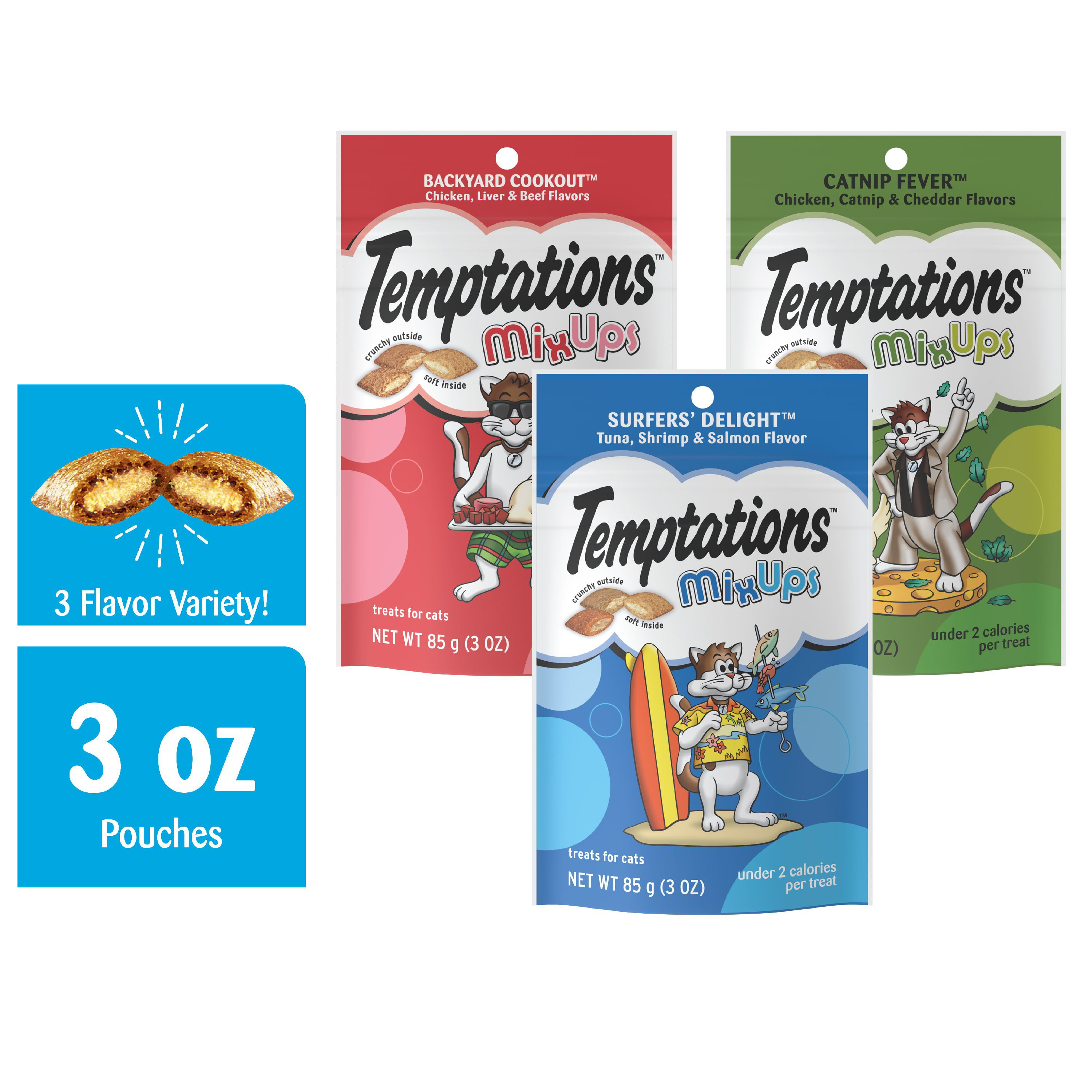 Temptations Mixups Crunchy And Soft Cat Treats Variety Pack In Backyard Cookout Surfers Delight And Catnip Fever Flavors 6 3 Oz Pouches