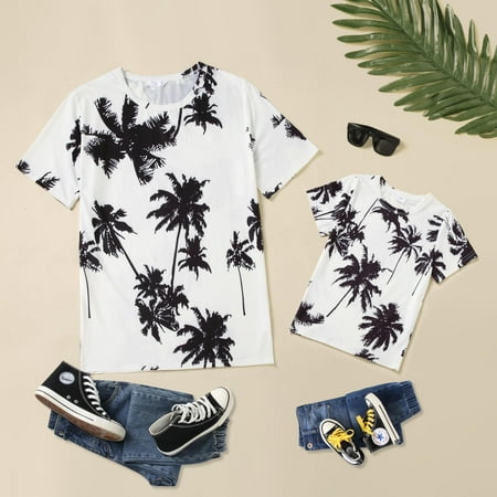 

ZHENYEMEI Matching Family Outfits Mommy and Me Palm Leaf Printed Dresses Summer Shirt Short Sleeve Matching Outfits - White Child T-shirt 6-7Y