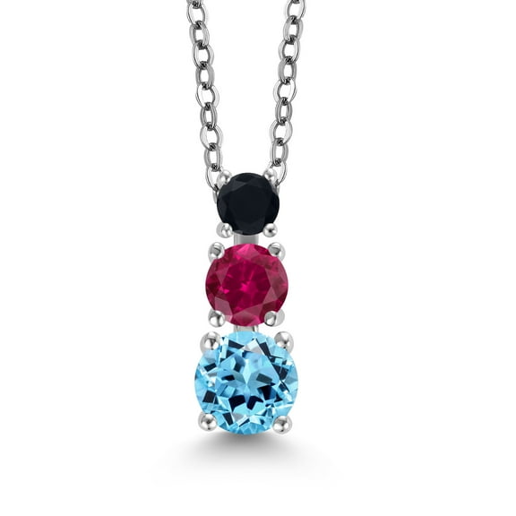 Gem Stone King Swiss Blue Topaz Red Created Ruby Black Onyx 3 Stone Pendant Necklace for Women (1.00 cttw, Gemstone Birthstone, Round 5MM, 4MM and 3MM, with 18 inch Chain)