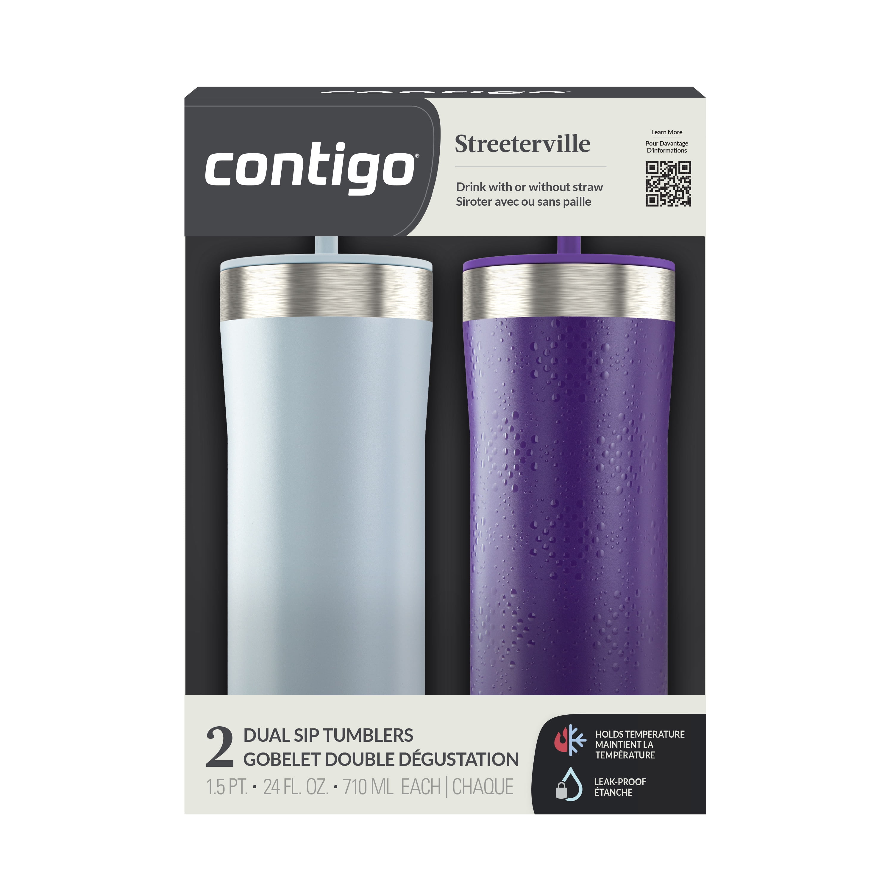 Contigo Streeterville Tumbler, Includes Plastic Straw and Splash-Proof Lid, Vacuum-Insulated, Stainless Steel, 24 oz (709 ml), Light Stone & Violet Dots, 2 Pack, BPA-Free