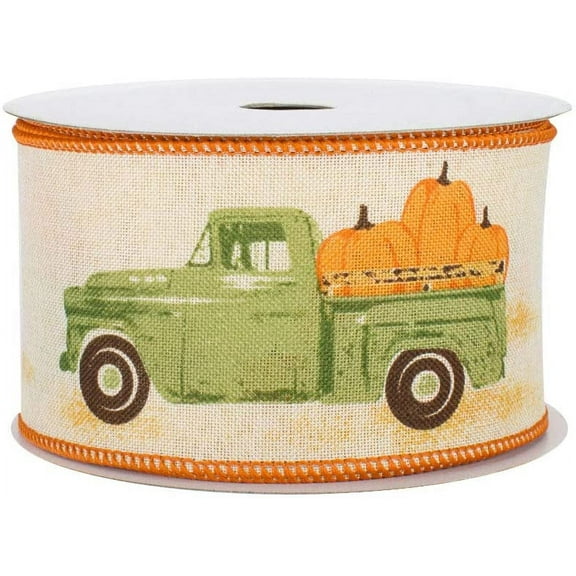 Pumpkin Pickup Truck Wired Ribbon - 2 1/2" x 10 Yards, Autumn Gift Basket, Fall Wreath, Swag, Thanksgiving, Halloween, Bows, Fundraiser, Decoration