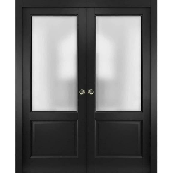 Sliding Closet Bypass Doors | Lucia 22 Matte Black with Rain Glass | Sturdy Rails Moldings Trims Hardware Set | Wood Solid Bedroom Wardrobe Doors