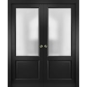 Sliding Closet Bypass Doors | Lucia 22 Matte Black with Rain Glass | Sturdy Rails Moldings Trims Hardware Set | Wood Solid Bedroom Wardrobe Doors
