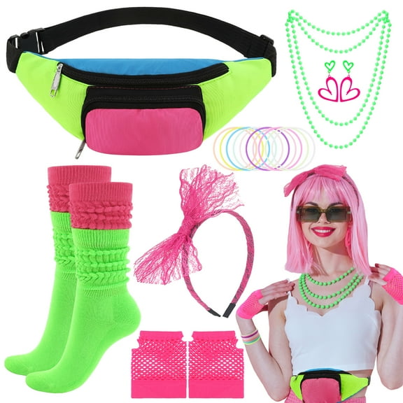 sixwipe 16 Pcs 80s Accessories for Women, Fancy Outfit Costume Set with Fishnet Gloves Fanny Pack Necklace Bracelet Earrings Socks, 80s Outfit for Women Costume Theme Party Dress Up