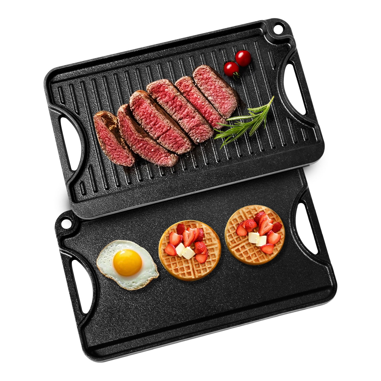 KFFKFF Switchable Grill/Griddle, Cast Iron Pan of 14x8.5 inch, Pre-Treated, Compact Square Pan with Grip, Household Utensils for Indoor/Outdoor Cooktop, Gas, Campfire Barbecue, Color - Black