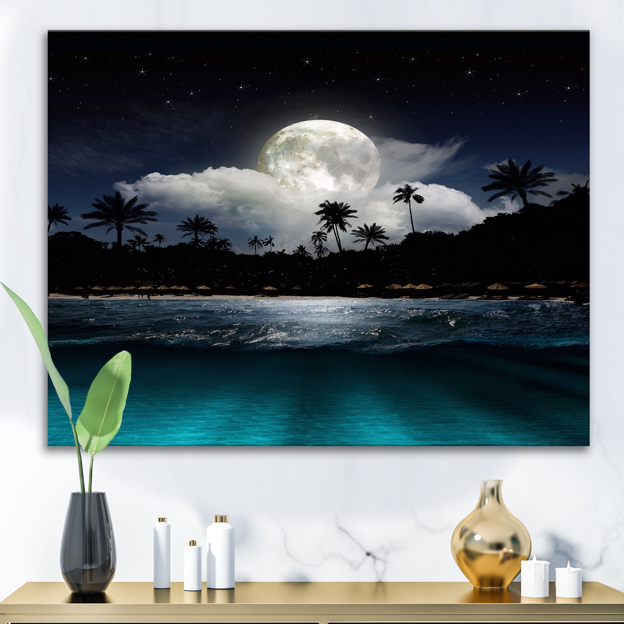 Designart ' Green Beach Under Tropical Full Moon ' Modern Canvas Wall Art Print