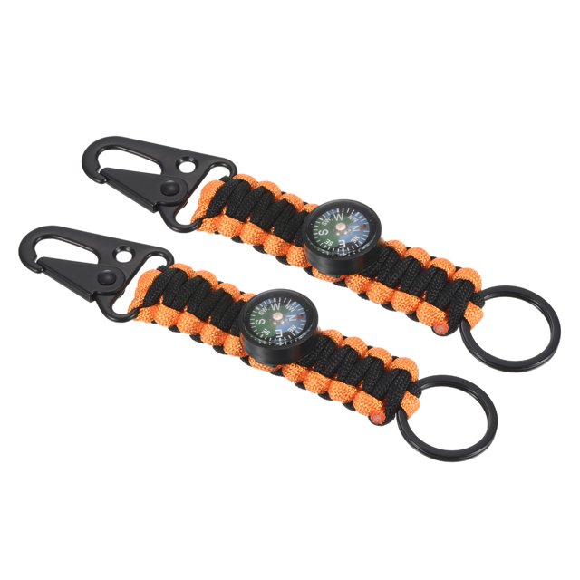 Unique Bargains Paracord Keychain, 2 Pack Braided Lanyard Key Clip Holder Survival Keychains with Compass Orange, Black