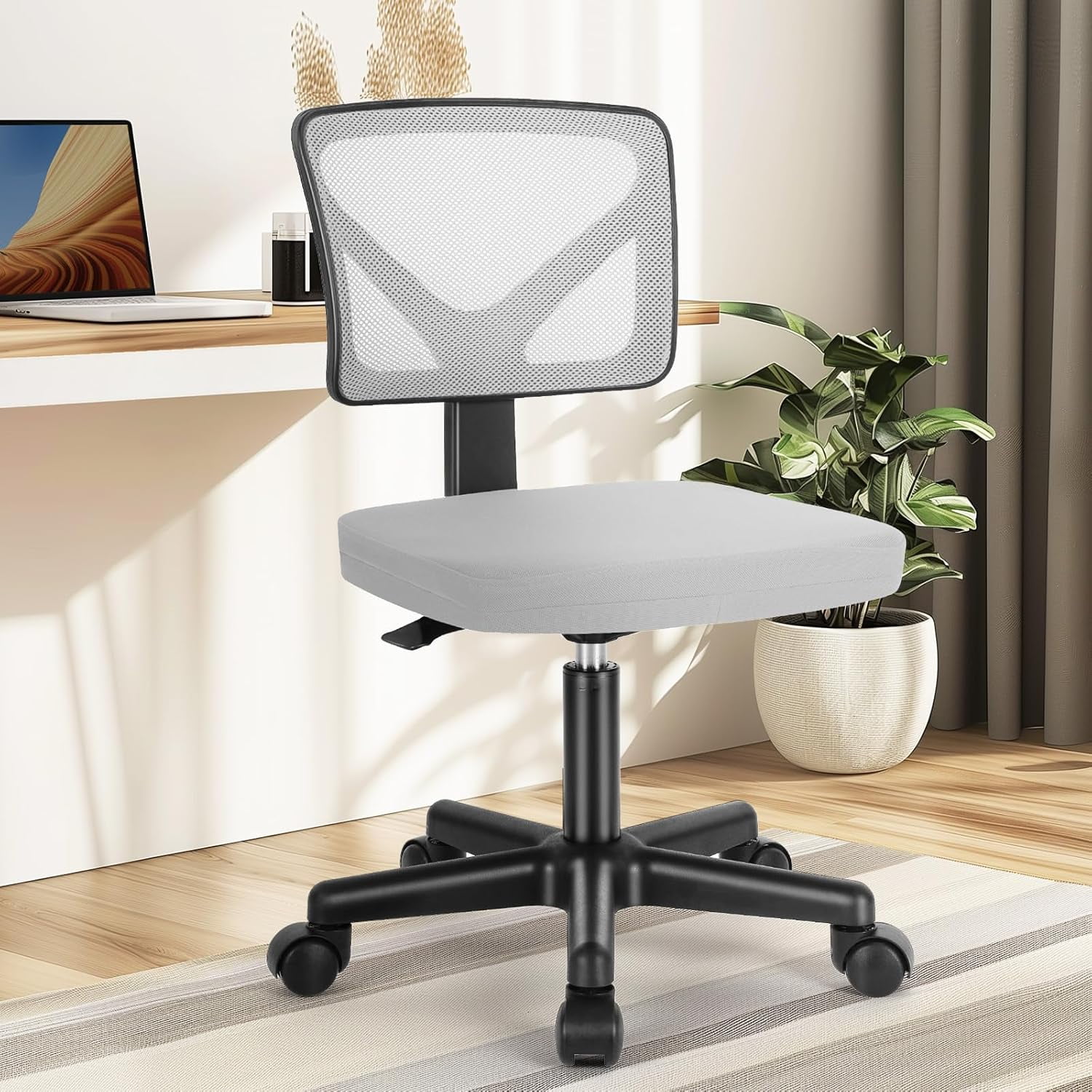 Armless Mesh Office Chair, Ergonomic Low-Back Swivel Desk Chair with Wheels and Lumbar Support, Height Adjustable, Gray