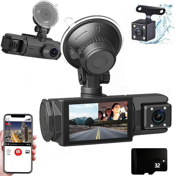 1080P 3 Channel Dash Cam, Triple View Dashcam Front Inside Rear, Wireless Car Camera with Night Vision for Full Protection(Q)