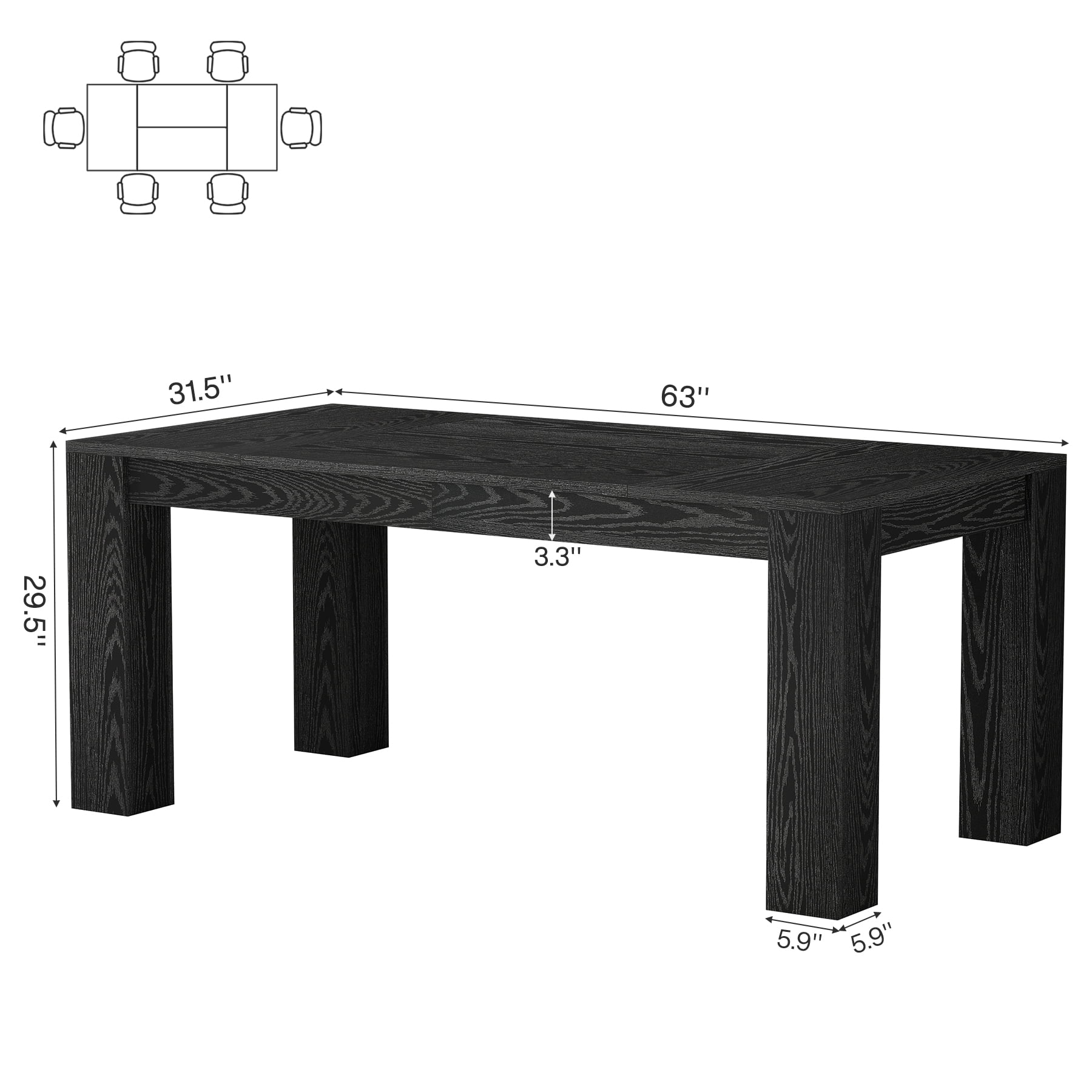Tribesigns 63-Inch Dining Table for 4-6 People, Farmhouse Kitchen Dinner Table, Large Wooden Rectangular Eating Table for Dining Room, Black