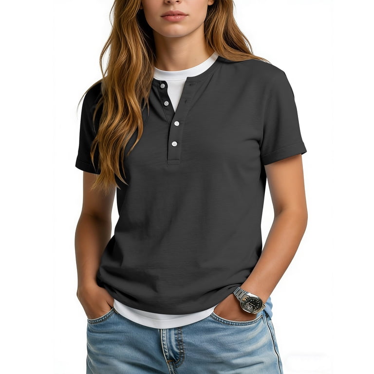 トップス layered henley tee dark gray 00s grunge ManxiVoo Women's Fashion Short Sleeve Layered Look Henley T-Shirt