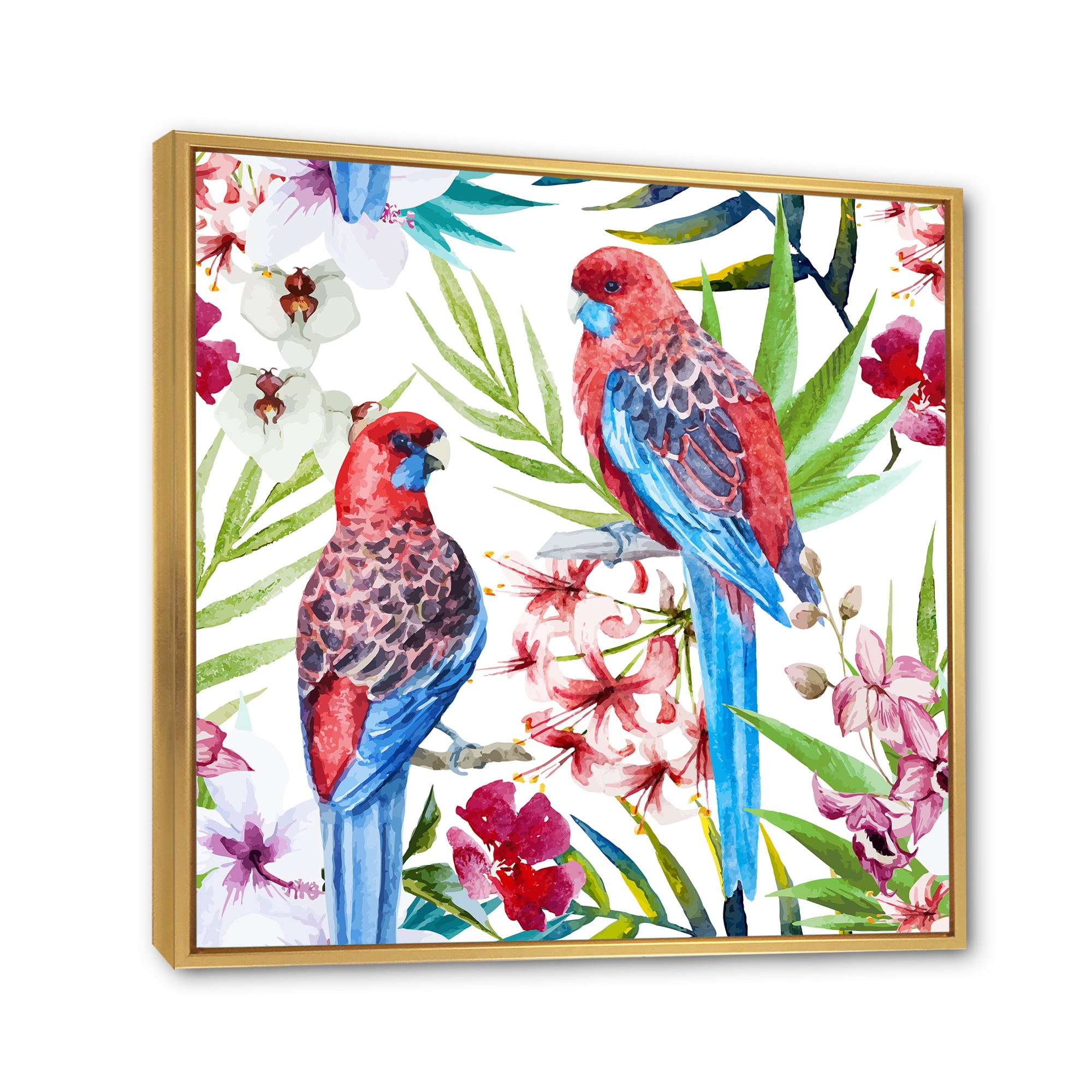 Designart 'Rosella Birds Sitting On Flowers Tree Branch' Traditional Framed Canvas Wall Art Print