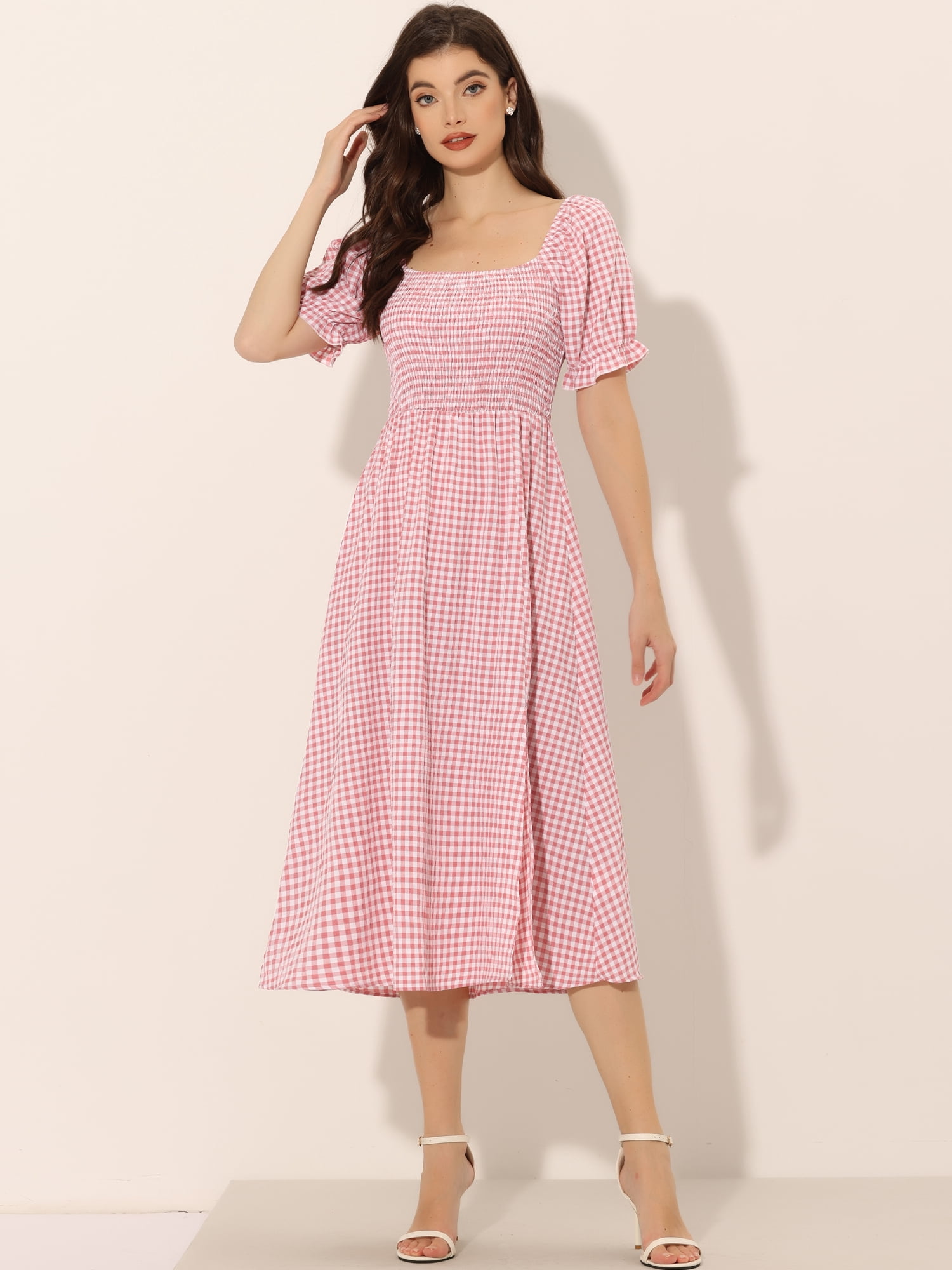 DARING DIVA Puff Sleeve Square Neck Gingham Dress XS Watermelon Pink