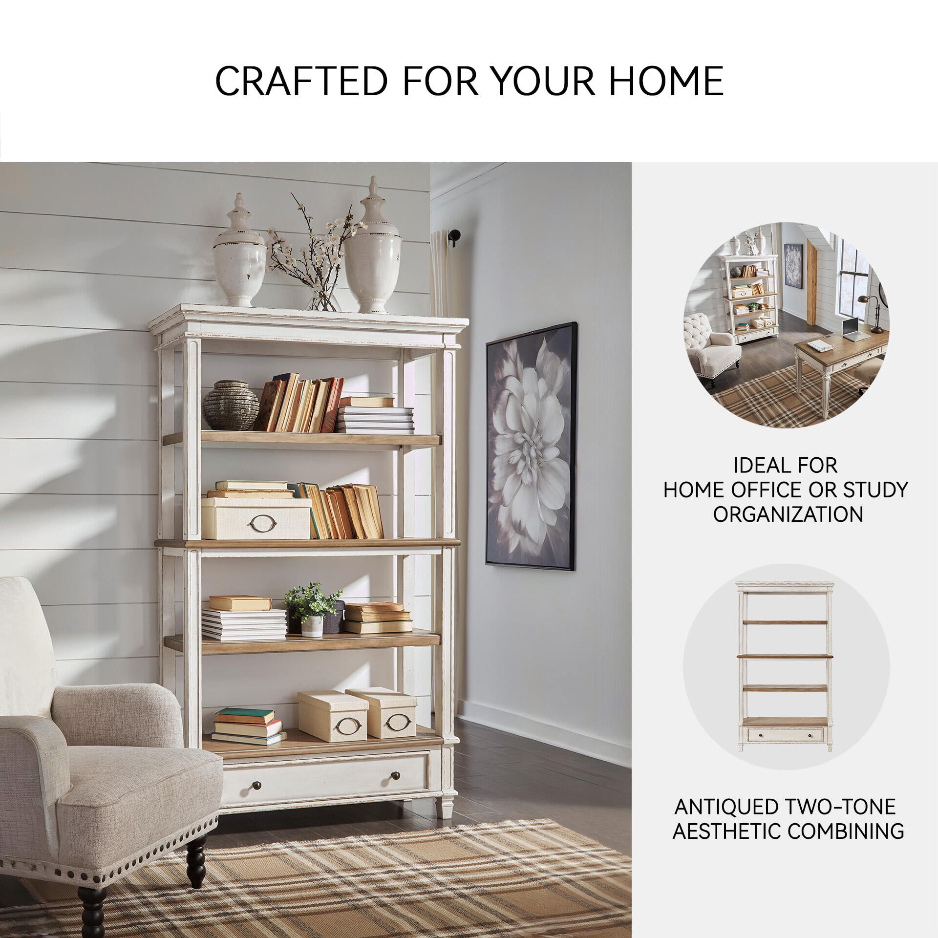 Signature Design by Ashley Realyn 75" Farmhouse Bookcase with Drawer - Chipped White & Brown